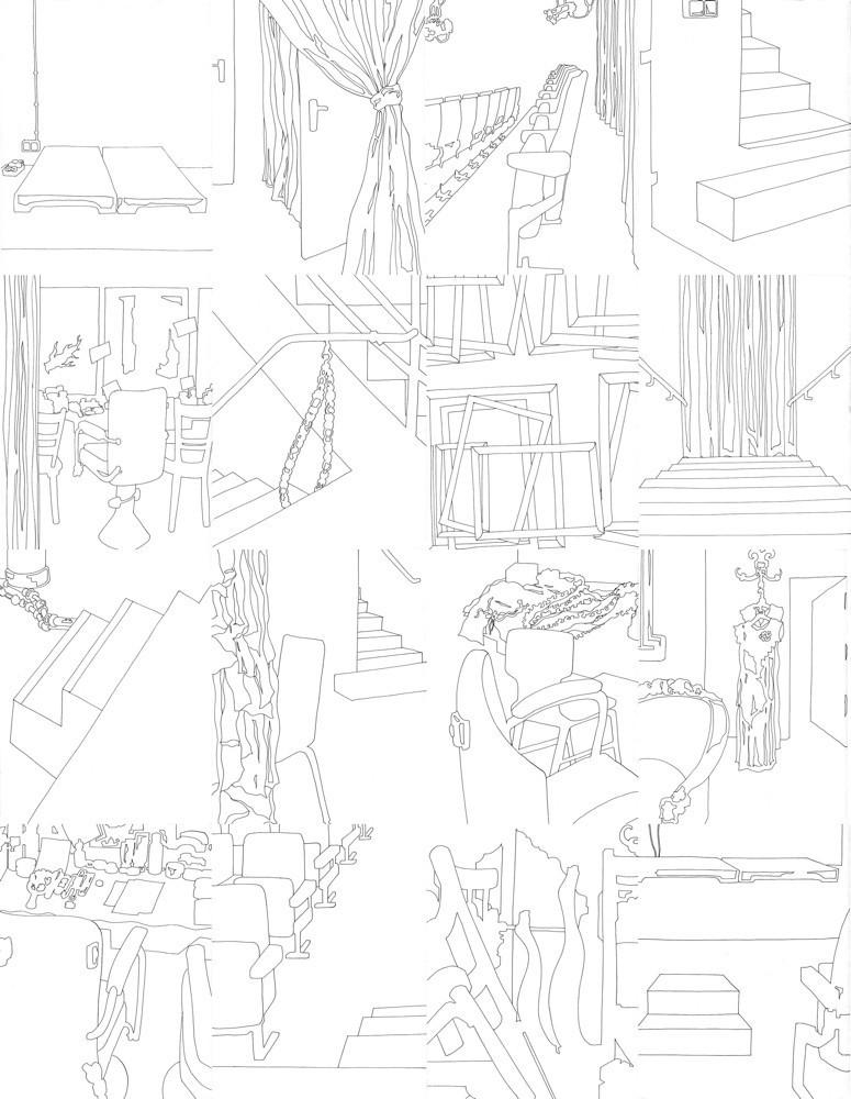 Eva Früh, artist: bühne, installation, auswahl aus 130 zeichnungen